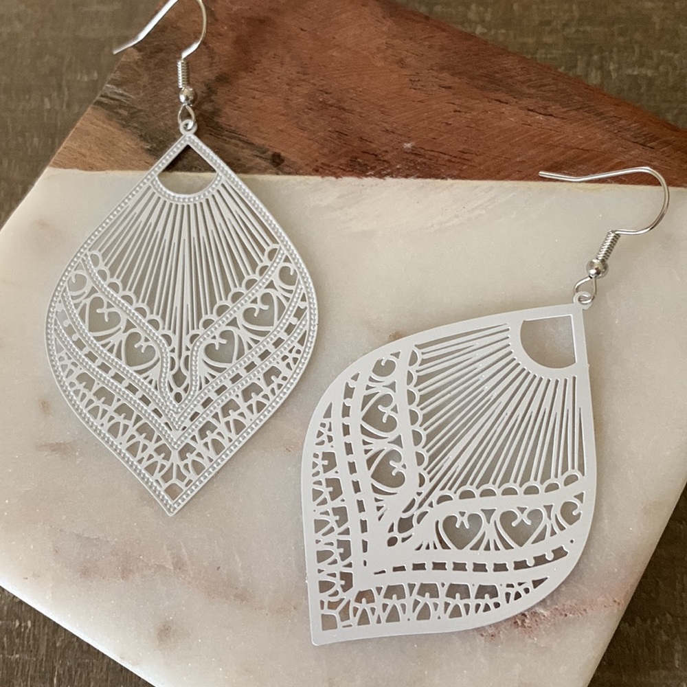 White Filigree Drop Earrings